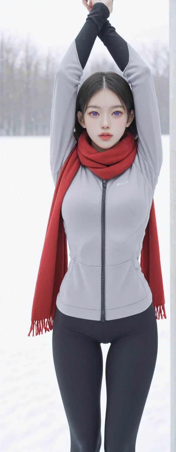 score_9, score_8_up, score_7_up, BREAK,
source_anime, winter, outdoors, solo, BS, purple eyes, black hair, long hair, red scarf, breath, textured leggings, leggings, arms up,
