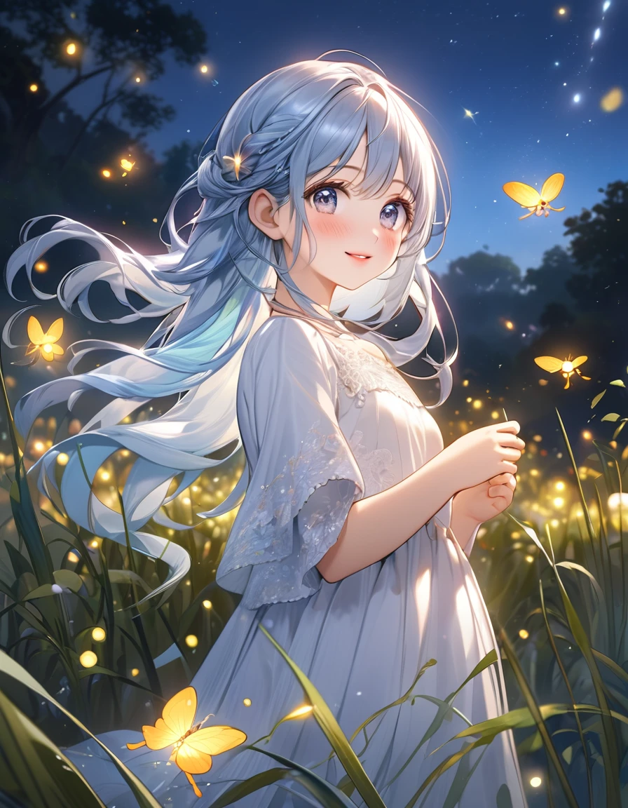 masterpiece, best quality, extremely detailed, (illustration, official art:1.1), 1 girl ,(((( light blue long hair)))), ,(((( light blue long hair)))),light blue hair, ,, long hair ((blush)) , cute face, big eyes, masterpiece, best quality,(((((a very delicate and beautiful girl))))),Amazing,beautiful detailed eyes,blunt bangs((((little delicate girl)))),tareme(true beautiful:1.2), sense of depth,dynamic angle,,,, affectionate smile, (true beautiful:1.2),(flat chest)), masterpiece:1.2,highest quality, highres, 16k, ultra-realistic:1.37, beautiful detailed, Beautiful girl, Standing in a beautiful posing, gently smile, flowing hair, Night Grassland, fireflies in hands, fireflies on hair, Many fireflies fly around:1.3, Fireflies dancing wildly:1.3, Countless fireflies:1.3, Trails of many fireflies:1.3, beautiful delicate(hair,face,eyes,pupils,white dress,anklet,knee,fireflies), sparkling eyes, shining lips, behind view