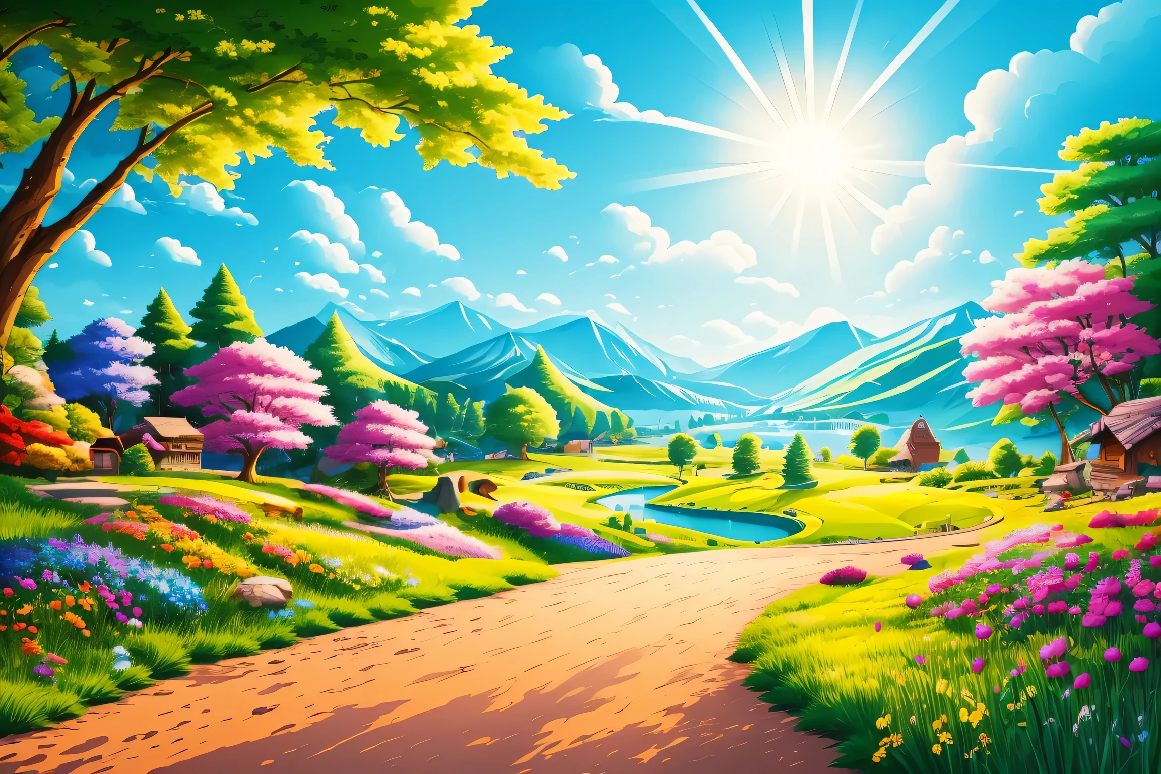 (bright), a cartoon background illustration of a Summer landscape, bright sunny day, beautiful art, detailed, 4k, masterpiece, no human