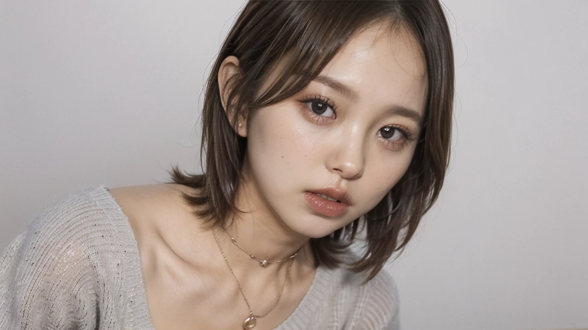 (highest quality,8k,32k,masterpiece,Ultra-high resolution:1.2),((Sexy expression:1.2)), ((Medium Hair,Beautiful bangs:1.5)), Positive, Professional Lighting, Flash photography, Shaded photo,((Cleavage:1.5)),((small breast)), whole body, Face Focus, Choker Necklace, ((Gray plain background:1.2)), ((Red clothing with a large open chest:1.2, Tight clothing:1.2)), ((I can't look directly at the nipples:1.5, Know the shape of your nipples:1.6))