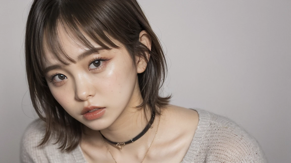 (highest quality,8k,32k,masterpiece,Ultra-high resolution:1.2),smile, Front facing, Professional Lighting, Flash photography, Shaded photos, Beautiful Japanese women in photos,Big cleavage,Very short bob hair,Upper Body,Face Focus,Extra Large_sweater,Choker Necklace,Gray background, Black clothing with a wide open chest