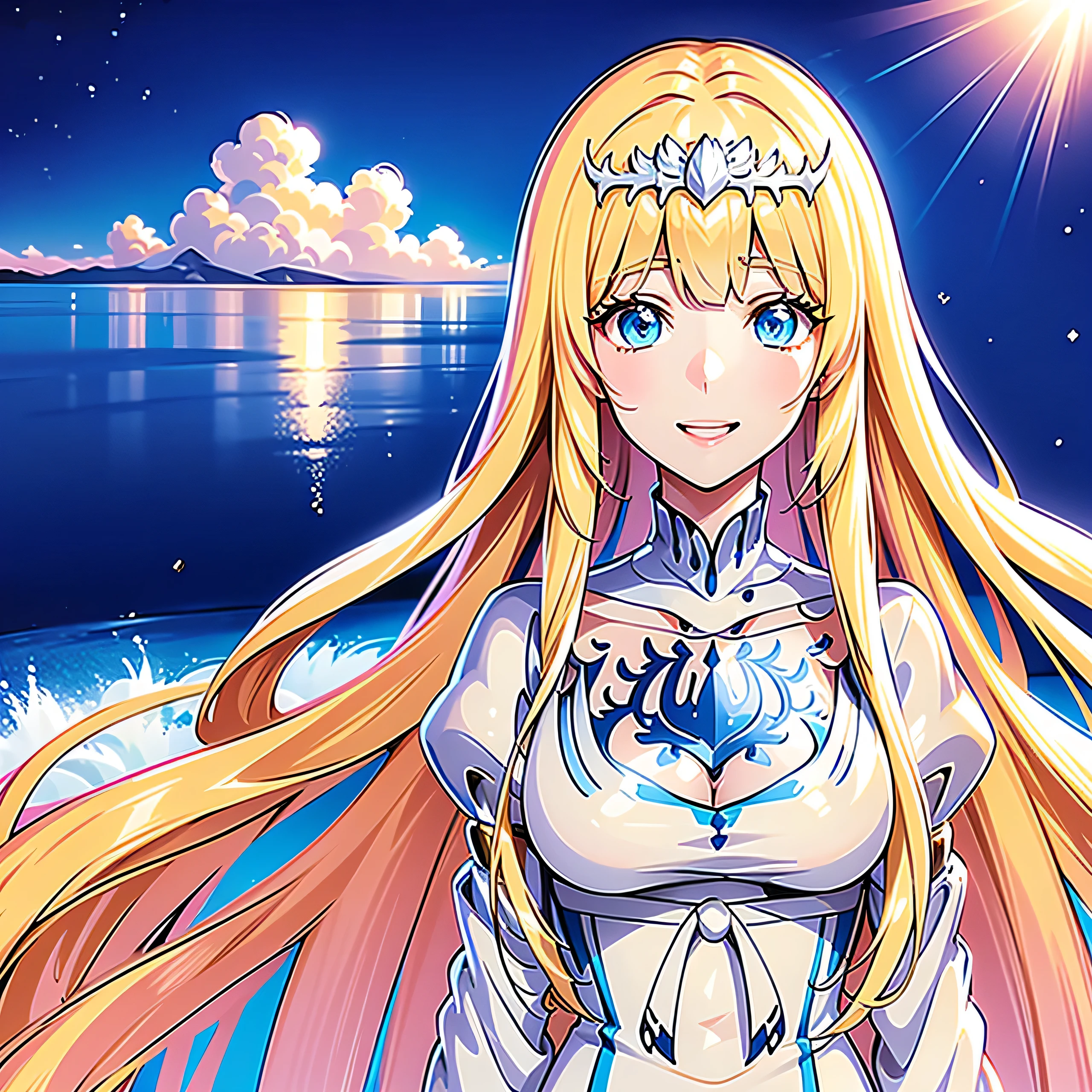  blush, smile, parted lips, first-person view, , anime style, masterpiece,  1girl, solo, Calca, Calca Bessarez, blonde hair, (extremely long hair:1.3), very long hair, white tiara, white dress, blue eyes, medium chest