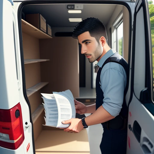 A man searching for documents in a van