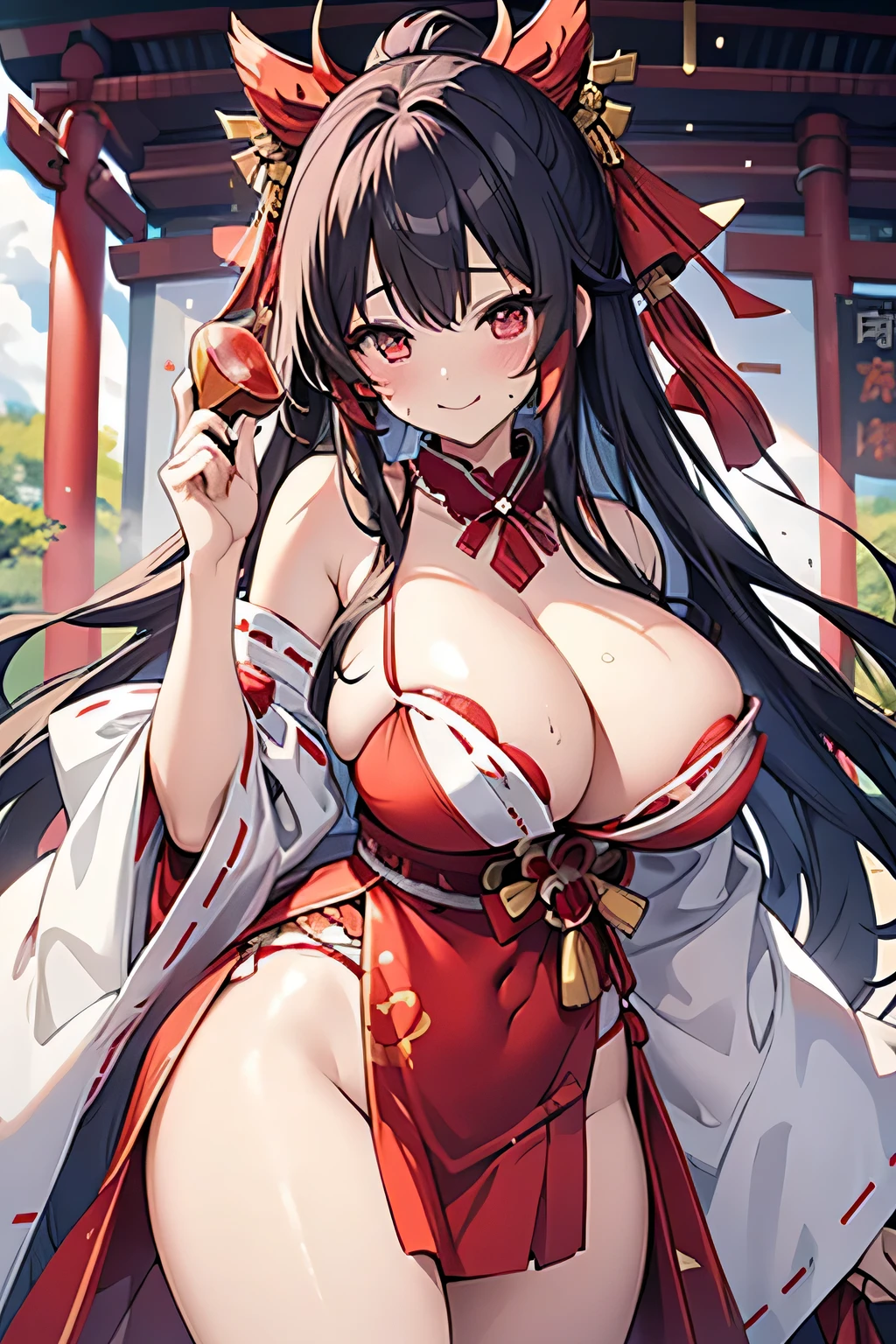 Erotic Anime Illustration、highest quality、smile、A voluptuous married shrine maiden who shows off her sexual charm、A sense of guilt、Adultery、Eclipse Mask、Shrine festival、Reimu Hakurei、Perfect proportions、Very large breasts、Showing off cleavage、Clear eyes、Showing off pussy、Blushing、Sweaty、Cowboy Shot