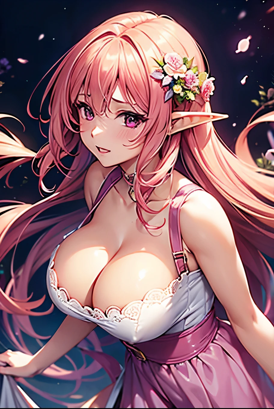 (best quality, 8K, high resolution, masterpiece:1.2), Digital Artwork, A girl, Delicate face, Exquisite eyes, Pink Hair, Long and straight hair, Glowing purple eyes, red lips, Suspenders, Fantasy Landscape, Vibrant colors, Soft Light, Whimsical atmosphere, Blooming flowers, floating long dress, fine details, Ethereal Background, Dreamy aura，、Huge breasts（10.0），Deep cleavage（10.0），Nipple protrusion（10.0），、Huge breasts（10.0），Deep cleavage（10.0），Nipple protrusion（10.0）Elf ears 、Huge breasts（10.0），Deep cleavage（10.0），Nipple protrusion（10.0）