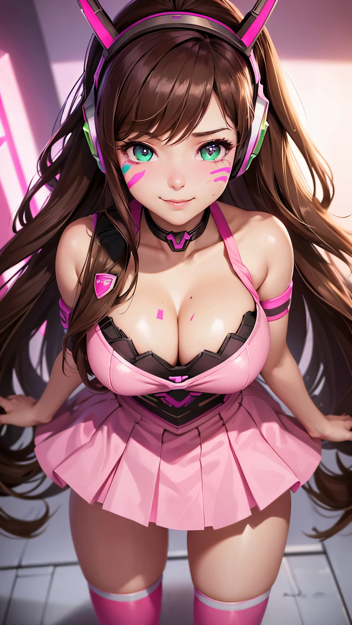 brown hair, Overwatch, D.VA, very long hair, Pink Headset, Dva Facepaint, pupils sparkling, Pink Eye Colour, unconscious, seductive smile, Big Tits, D.VA Costume, from above, UHD, masterpiece, high details, high quality, best quality, highres
