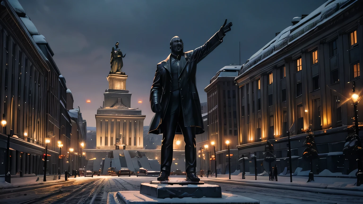Dramatic lighting, chiaroscuro, view from the side, Communist era bronze statue of Lenin, detailed face, looking tall and slim with one arm raised, wide plaza with no traffic, in front of bland 1950s white stone government building, lifeless, cloudy sky at night, deep snow
