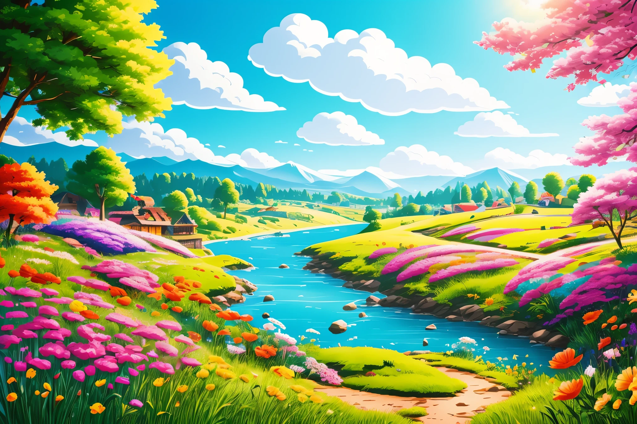 (bright), a cartoon background illustration of a Summer landscape, bright sunny day, beautiful art, detailed, 4k, masterpiece, no human