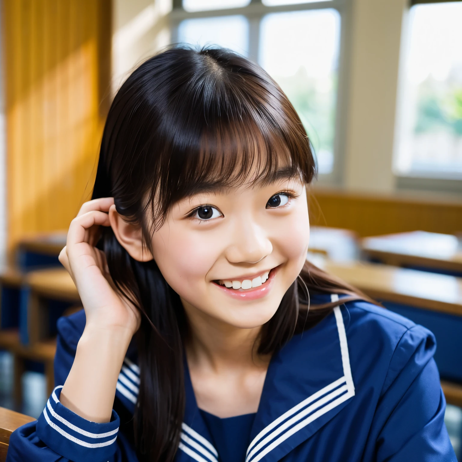 lens: 135mm f1.8, (highest quality),(RAW Photos), (Tabletop:1.1), (Beautiful  Japanese girl), Cute Face, (Deeply chiseled face:0.7), (freckles:0.4), dappled Nikko, Dramatic lighting, Navy blue sailor suit,  Long sleeve, (In the classroom), shy, (Close-up shot:1.2), smile