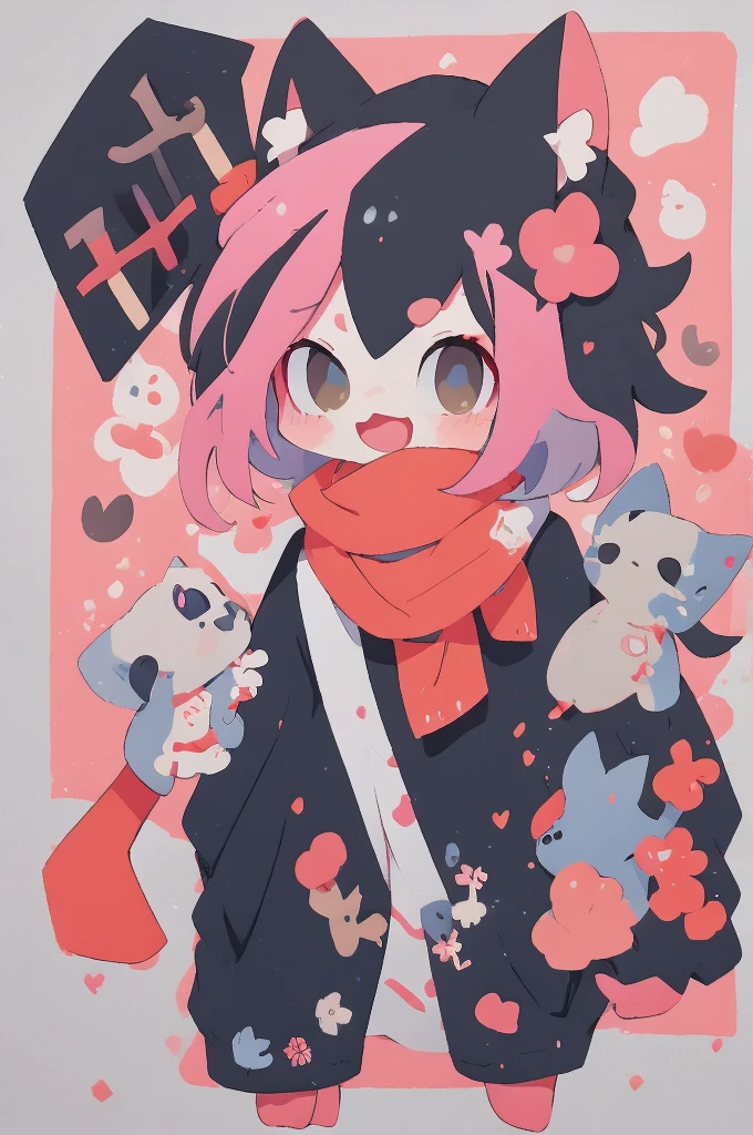 Pink Hair、Blue eyes、Anime character wearing a pink scarf, high quality Anime art style, [[[[smile evilly]]]], stylized anime, cute Anime catgirl, Anime style. 8K, Anime cute art style, Anime cat, anime stylization, Zero Art, Anime art style, Lovely characters, Anime catgirl