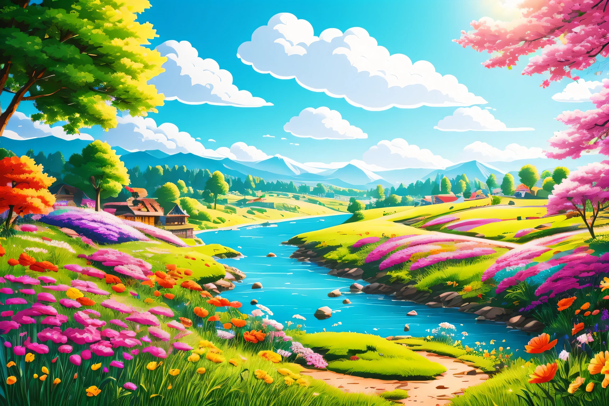 (bright), a cartoon background illustration of a Summer landscape, bright sunny day, beautiful art, detailed, 4k, masterpiece, no human