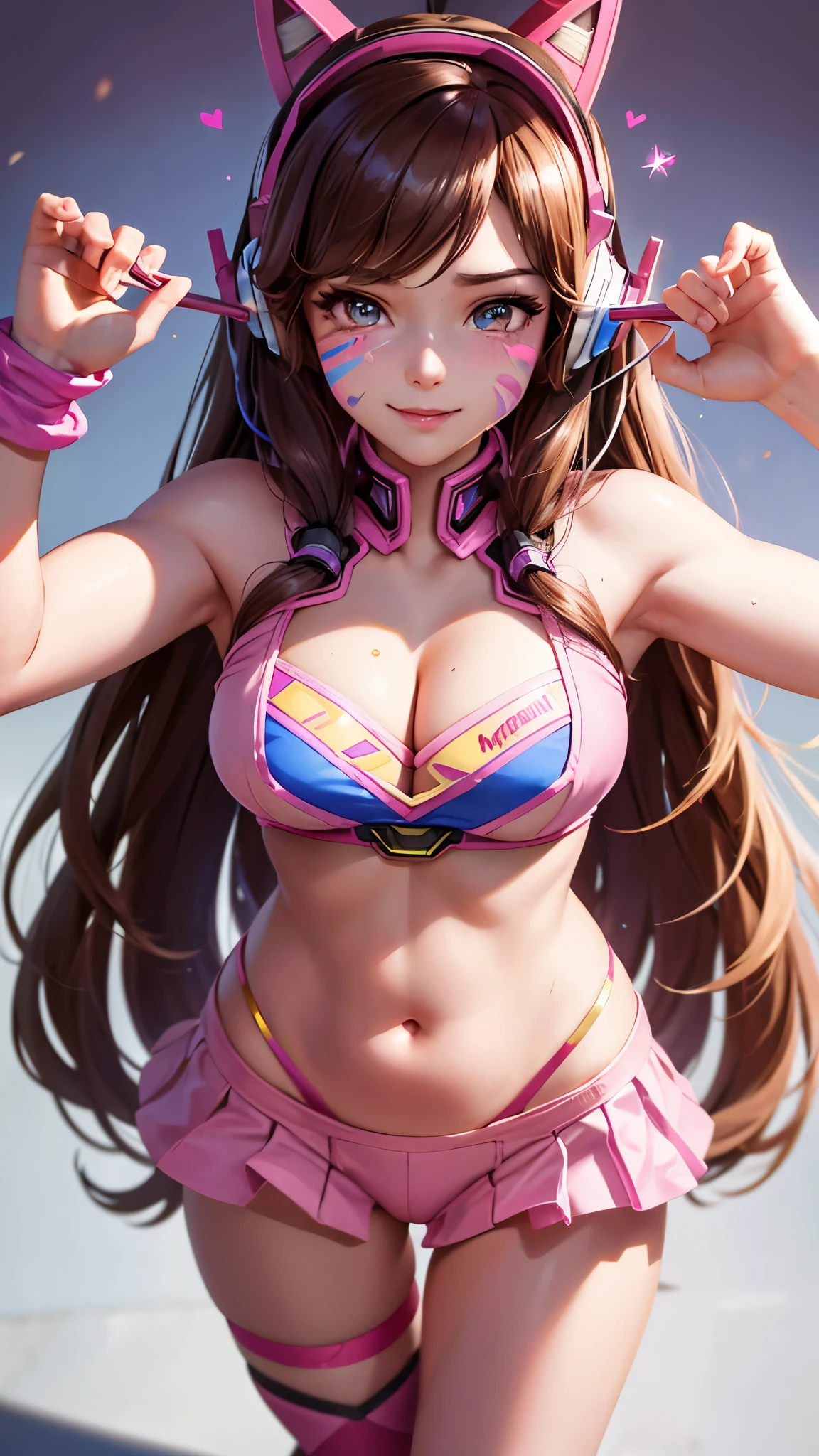 brown hair, Overwatch, D.VA, very long hair, Pink Headset, Dva Facepaint, pupils sparkling, Pink Eye Colour, unconscious, seductive smile, Big Tits, D.VA Costume, from above, UHD, masterpiece, high details, high quality, best quality, highres