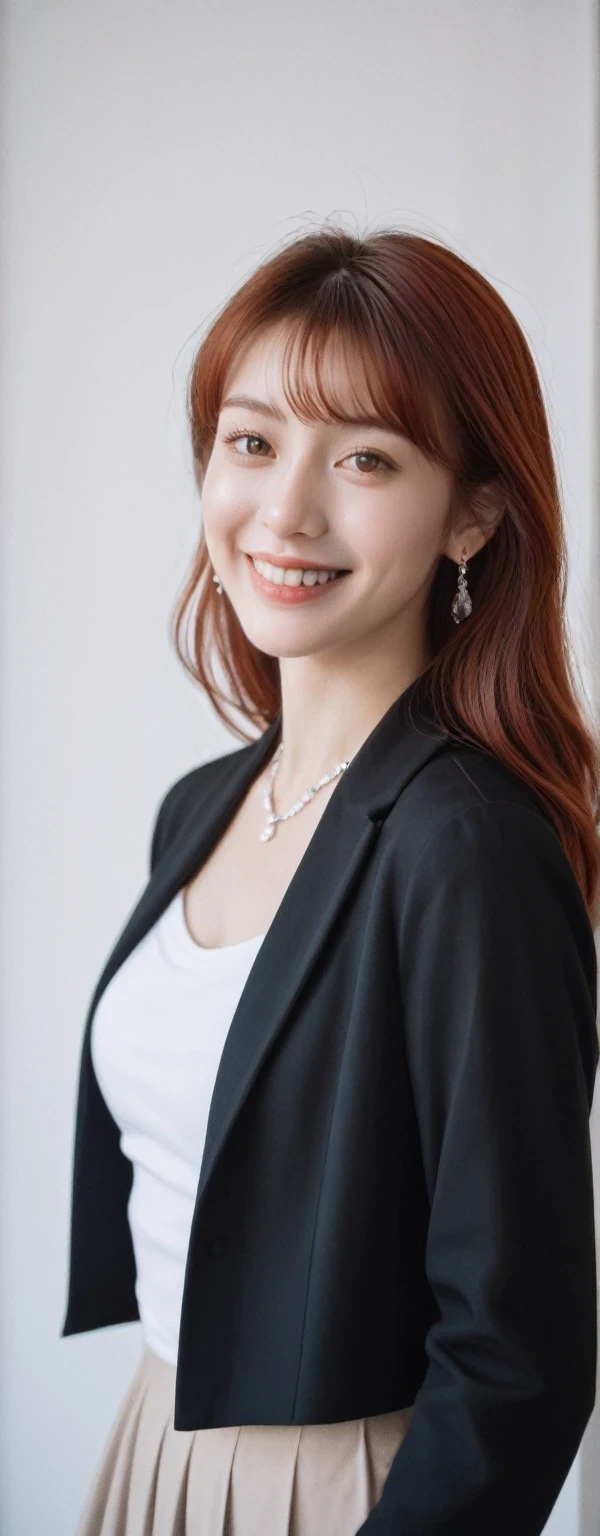 score_9, score_8_up, score_7_up, BREAK,
 Beautiful, soft light, (beautiful and delicate eyes), very detailed, pale skin, big smile, (long hair), dreamy, medium chest, female 1, ((front shot)), bangs, fiery red hair, soft expression, elegant , Bright smile, 8k art photo, photorealistic concept art, realistic, person, small necklace, small earrings, fantasy, jewelry, shyness, dreamy soft image, skirt, shirt, jacket, color , (masterpiece:1.2), (best quality:1.2), ultra-detailed, best shadow, detailed background, high contrast, (best illumination, an extremely delicate and beautiful), ((cinematic light)), hyper detail, dramatic light, intricate details, 8k, very aesthetic,  photorealistic,