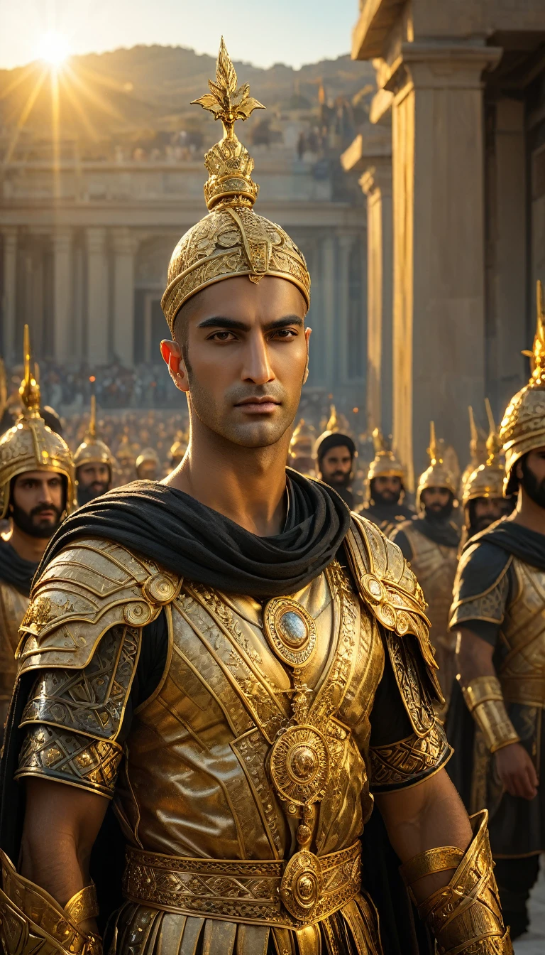 As the sun began to set, The warm golden hues of the sun illuminated his ornate attire, casting a warm glow across the area, Ground-level shot, Selfie of king Xerxes with his army after the defeat of Greece, background dark, hyper realistic, ultra detailed hyper realistic, photorealistic, Studio Lighting, reflections, dynamic pose, Cinematic, Color Grading, Photography, Shot on 50mm lens, Ultra-Wide Angle, Depth of Field, hyper-detailed, beautifully color, 8k, golden light from the front,