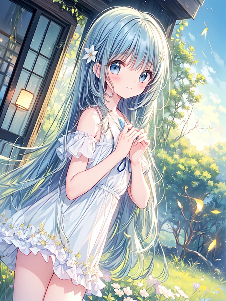 masterpiece, best quality, extremely detailed, (illustration, official art:1.1), 1 girl ,(((( light blue long hair)))), ,(((( light blue long hair)))),light blue hair, ,, long hair ((blush)) , cute face, big eyes, masterpiece, best quality,(((((a very delicate and beautiful girl))))),Amazing,beautiful detailed eyes,blunt bangs((((little delicate girl)))),tareme(true beautiful:1.2), sense of depth,dynamic angle,,,, affectionate smile, (true beautiful:1.2),(flat chest)), official art,natural lighting, soft lighting, sunlight, HDR (High Dynamic Range), Maximum Clarity And Sharpness, Multi-Layered Textures, fireflies,,happy,playing,perfect hands,perfect legs,perfect fingers,(8K, quality, tmasterpiece: 1.2), (actual, realistically: 1.37), super detailing, one-girl, wide viewing angle, Firefly Garden, Lots of little lights and fireflies flying around, natta、
