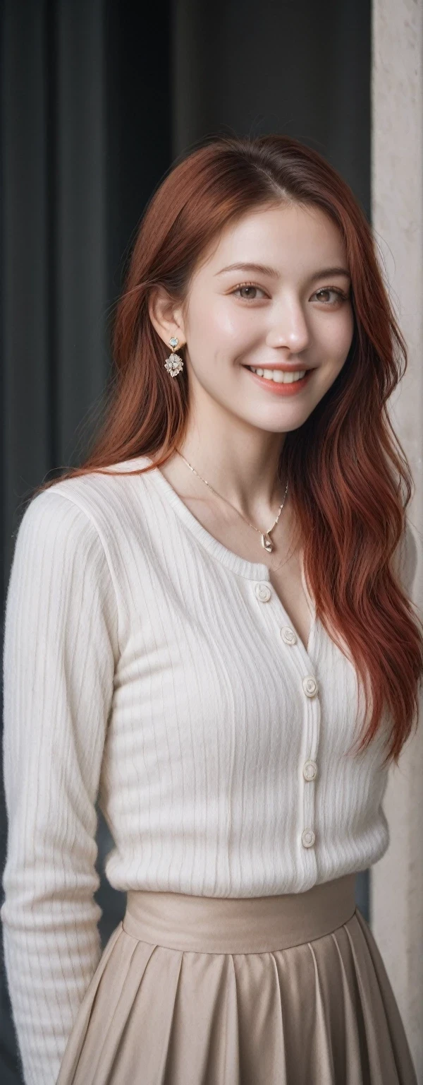 score_9, score_8_up, score_7_up, BREAK,
Beautiful, soft light, (beautiful and delicate eyes), very detailed, pale skin, big smile, (long hair), dreamy, medium chest, female 1, ((front shot)), bangs, fiery red hair, soft expression, elegant , Bright smile, 8k art photo, photorealistic concept art, realistic, person, small necklace, small earrings, fantasy, jewelry, shyness, dreamy soft image, skirt, shirt, jacket, color , (masterpiece:1.2), (best quality:1.2), ultra-detailed, best shadow, detailed background, high contrast, (best illumination, an extremely delicate and beautiful), ((cinematic light)), hyper detail, dramatic light, intricate details, 8k, very aesthetic, photorealistic,