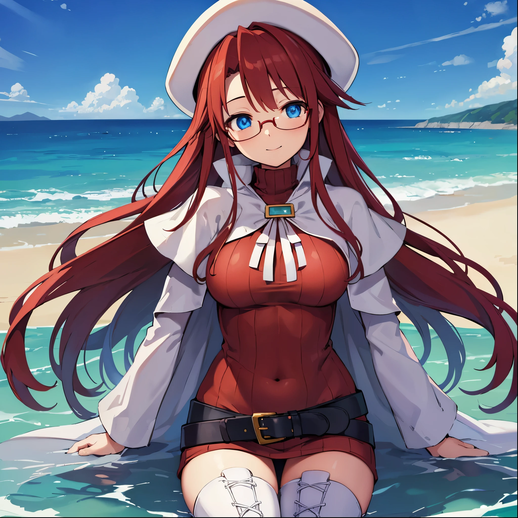 summonnightaty, aty, (young:1.3),long hair, blue eyes, red hair, big_tits, hat, glasses,
BREAK long hair, thighhighs, hat, dress, naked_legs, glasses, belt, cape, sweater, zettai ryouiki, beret, thigh boots, white footwear, ribbed sweater, loose belt,solo,
BREAK outdoors, fantasy,on_beach,
,Highquality_hads,perfect_fingers,
BREAK (masterpiece:1.2), best quality, high resolution, unity 8k wallpaper, (illustration:0.8), (beautiful detailed eyes:1.6), extremely detailed face, perfect lighting, extremely detailed CG, (perfect hands, perfect anatomy),covered_nipples,covered_navel ,half_eyes,long_sword,sleepy,standing,red_sweater,apart_knees,magical_effect,spread_legs, have_a_book,teacher,rise_knee,Smile,rise_hand,look_down_viewer,spread_arms,sea​_waves,looking_into,blue_sky,sitting,plump,