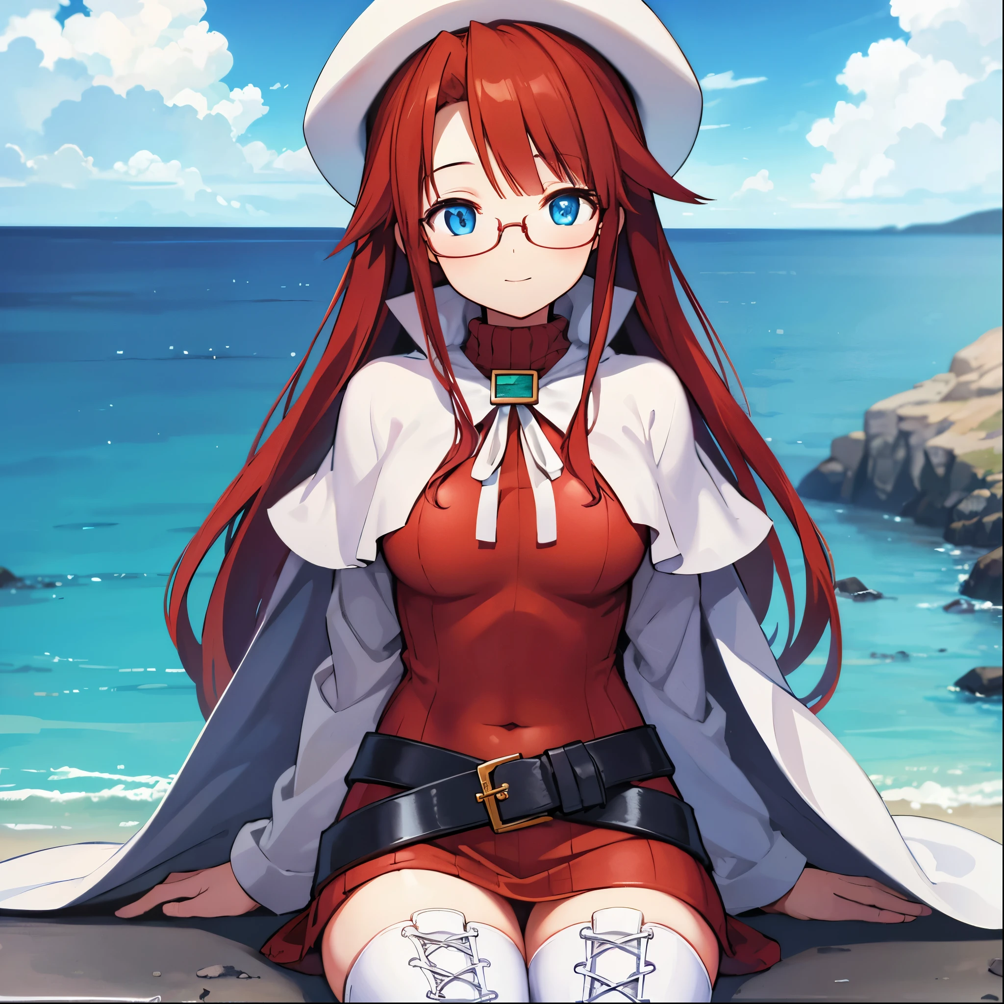 summonnightaty, aty, (young:1.3),long hair, blue eyes, red hair, big_tits, hat, glasses,
BREAK long hair, thighhighs, hat, dress, naked_legs, glasses, belt, cape, sweater, zettai ryouiki, beret, thigh boots, white footwear, ribbed sweater, loose belt,solo,
BREAK outdoors, fantasy,on_beach,
,Highquality_hads,perfect_fingers,
BREAK (masterpiece:1.2), best quality, high resolution, unity 8k wallpaper, (illustration:0.8), (beautiful detailed eyes:1.6), extremely detailed face, perfect lighting, extremely detailed CG, (perfect hands, perfect anatomy),covered_nipples,covered_navel ,half_eyes,long_sword,sleepy,standing,red_sweater,apart_knees,magical_effect,spread_legs, have_a_book,teacher,rise_knee,Smile,rise_hand,look_down_viewer,spread_arms,sea​_waves,looking_into,blue_sky,sitting,plump,