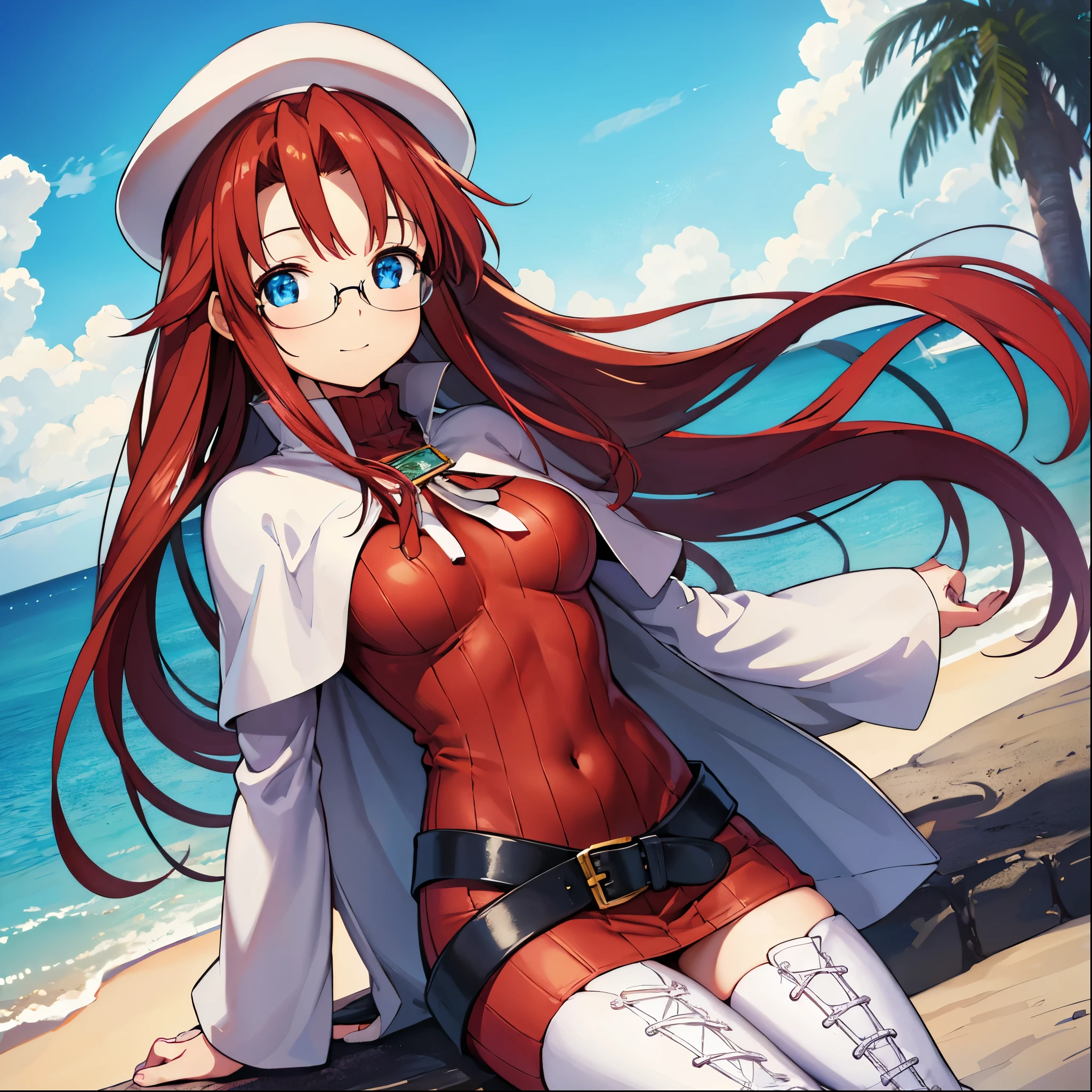 summonnightaty, aty, (young:1.3),long hair, blue eyes, red hair, big_tits, hat, glasses,
BREAK long hair, thighhighs, hat, dress, naked_legs, glasses, belt, cape, sweater, zettai ryouiki, beret, thigh boots, white footwear, ribbed sweater, loose belt,solo,
BREAK outdoors, fantasy,on_beach,
,Highquality_hads,perfect_fingers,
BREAK (masterpiece:1.2), best quality, high resolution, unity 8k wallpaper, (illustration:0.8), (beautiful detailed eyes:1.6), extremely detailed face, perfect lighting, extremely detailed CG, (perfect hands, perfect anatomy),covered_nipples,covered_navel ,half_eyes,long_sword,sleepy,standing,red_sweater,apart_knees,magical_effect,spread_legs, have_a_book,teacher,rise_knee,Smile,rise_hand,look_down_viewer,spread_arms,sea_waves,looking_into,blue_sky,sitting,plump,