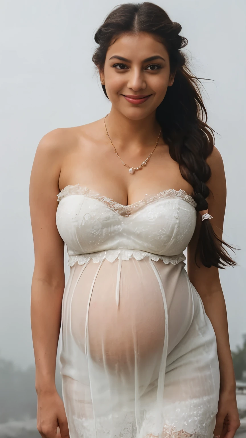 extreme close up photo of sexy indian, front view, curvy, swooping breasts, deep cleavage, ((pregnant)), white see through lace strapless dress, in a fog, French braid hair, subtle smile, pearl necklace, sultry, seductive, 4K, HD, Ultrarealistic