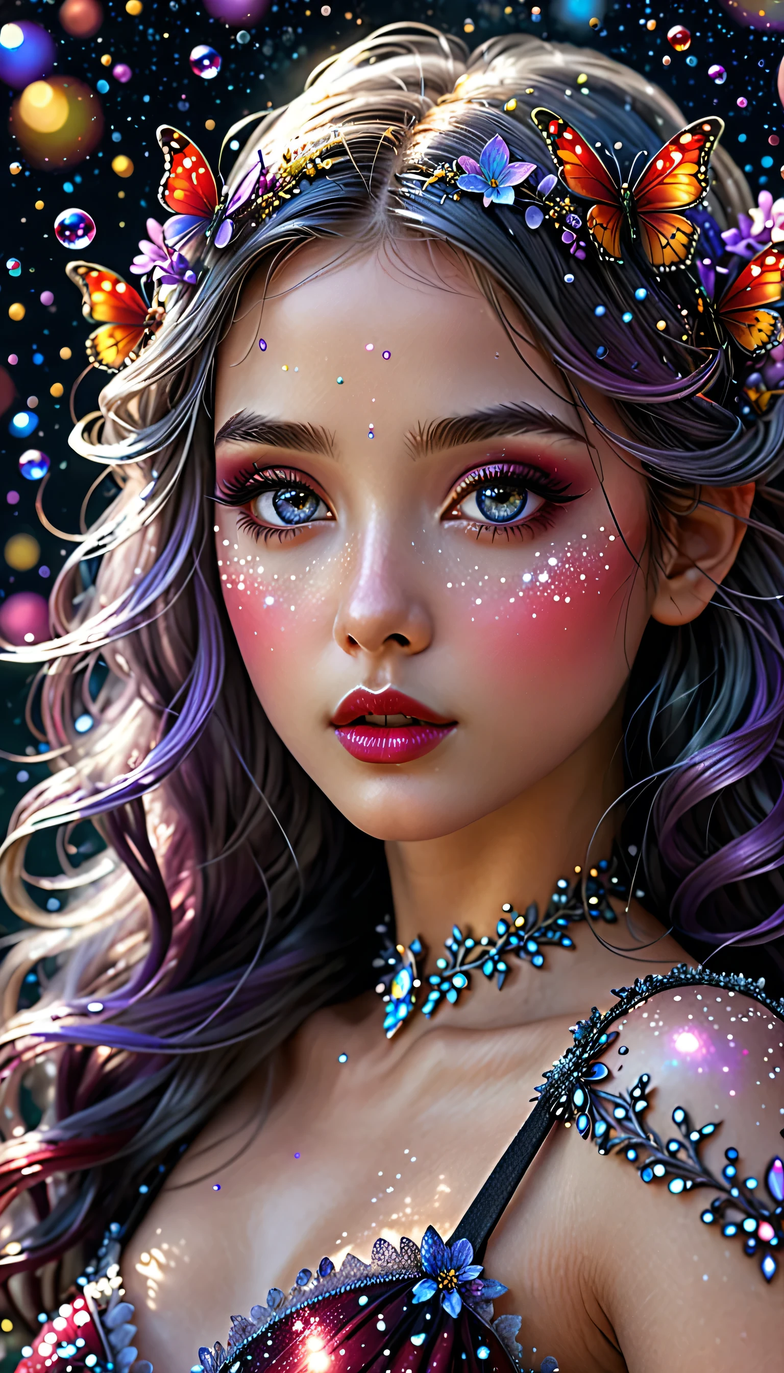 Fantasy, Artistic, A delicate fairy  with mature features, puffy lips, and stunning realistic eyes, actively exploring a world filled with dark shades of black, grey, red, maroon, burgundy, and lavender, High-definition close-up portrait centered on her highly detailed and beautiful face, amidst a setting rich in details like stars, galaxies, colorful bubbles, and petals, all enhanced by iridescence and glittering wind carrying pollen, 8K resolution, intricate, elegant, highly detailed, majestic, digital photography