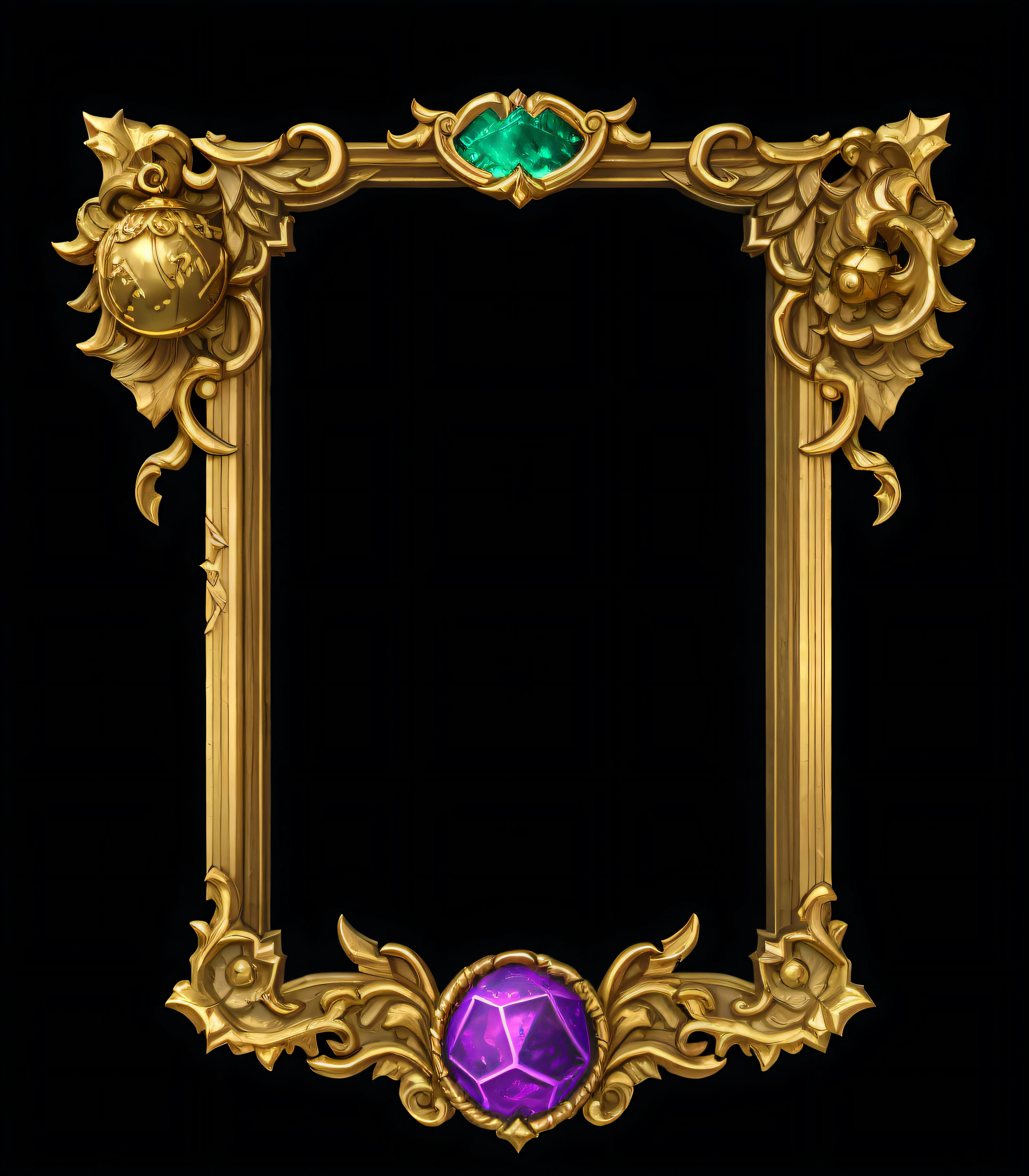 Gold frame with purple ball close-up, ornate border + concept-art, baroque color scheme, Eldridge color scheme, Baroque color palette, Golden-green, Blue-purple, game overlay, Game UI, hearthstone colour style, Rococo color scheme, ornate frame, cyan and gold scheme, Mysterious color scheme, Game UI, game ui asset design