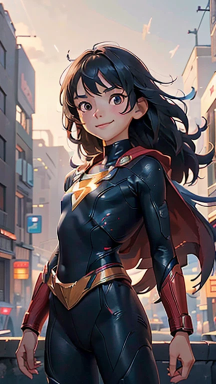 (8k),(masterpiece),(Japanese),(***************),((innocent look)),((Petit)),From the front,smile,cute,Innocent,Kind eyes,flat chest, slender,Shazam costume,semi-long,Hair blowing in the wind,Black Hair,strong wind,midnight,dark,neon light futuristic city