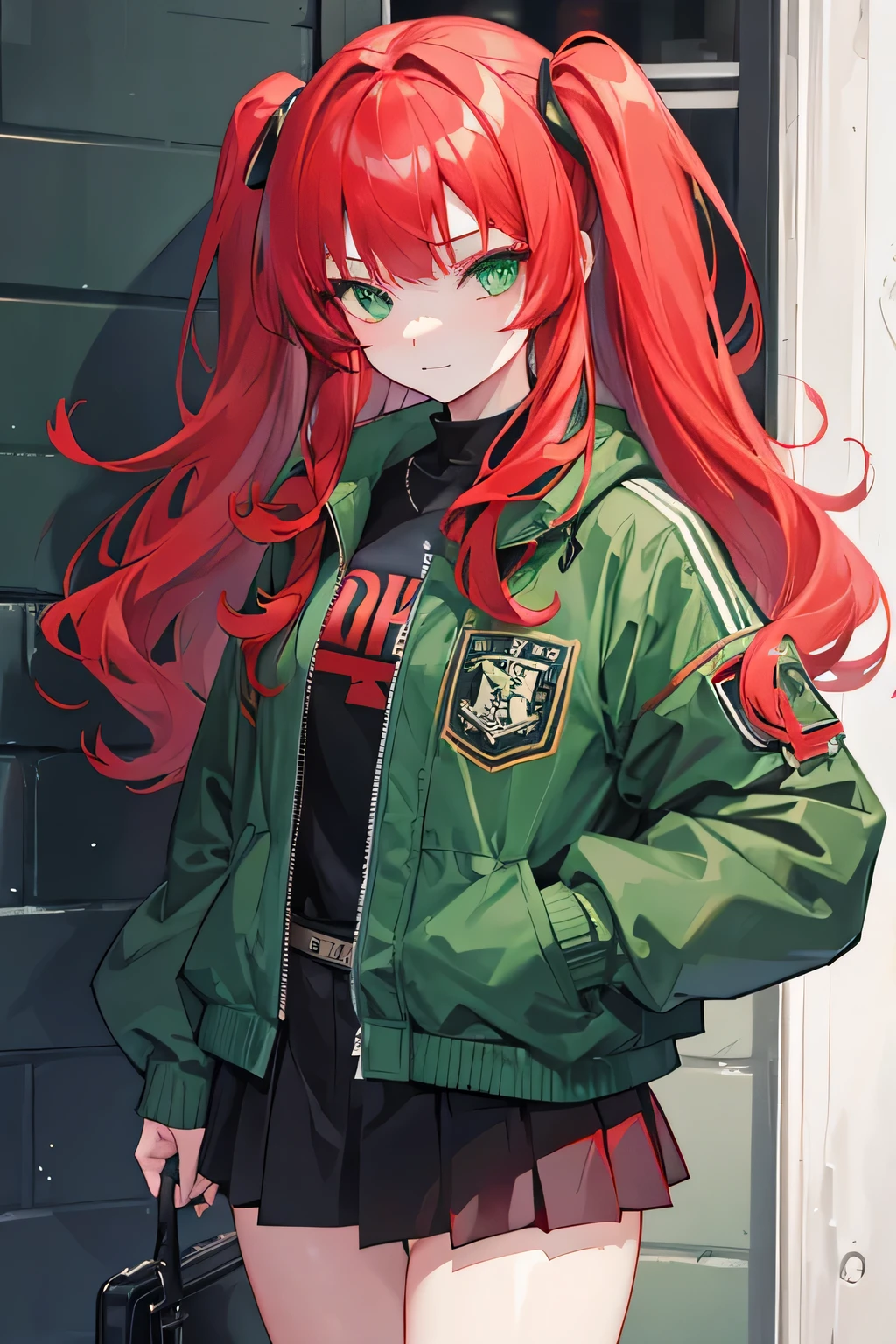 girl, green eyes, long wavy red hair, bangs, bad girl, wear jacket, not smile