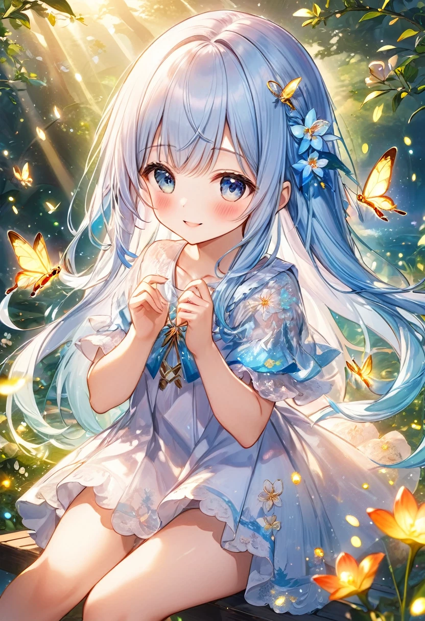 masterpiece, best quality, extremely detailed, (illustration, official art:1.1), 1 girl ,(((( light blue long hair)))), ,(((( light blue long hair)))),light blue hair, ,10 years old, long hair ((blush)) , cute face, big eyes, masterpiece, best quality,(((((a very delicate and beautiful girl))))),Amazing,beautiful detailed eyes,blunt bangs((((little delicate girl)))),tareme(true beautiful:1.2), sense of depth,dynamic angle,,,, affectionate smile, (true beautiful:1.2),(flat chest)), official art,natural lighting, soft lighting, sunlight, HDR (High Dynamic Range), Maximum Clarity And Sharpness, Multi-Layered Textures, fireflies,,happy,playing,perfect hands,perfect legs,perfect fingers,(8K, quality, tmasterpiece: 1.2), (actual, realistically: 1.37), super detailing, one-girl, wide viewing angle, Firefly Garden, Lots of little lights and fireflies flying around, natta、
