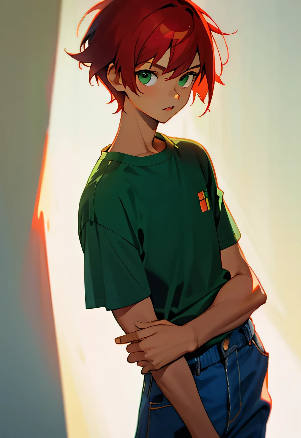 (masterpiece), ((sfw)), best quality, expressive eyes, perfect face, , (1girl,, young adult, handsome girl, longer face, flat body), solo, red hair messy short cut hair, green eyes BREAK (tanned skin, tanned male), slightly musclecular, cowboy shot, graphic t-shirt BREAK pants BREAK standing, boy looking, longer face, leaning against wall
