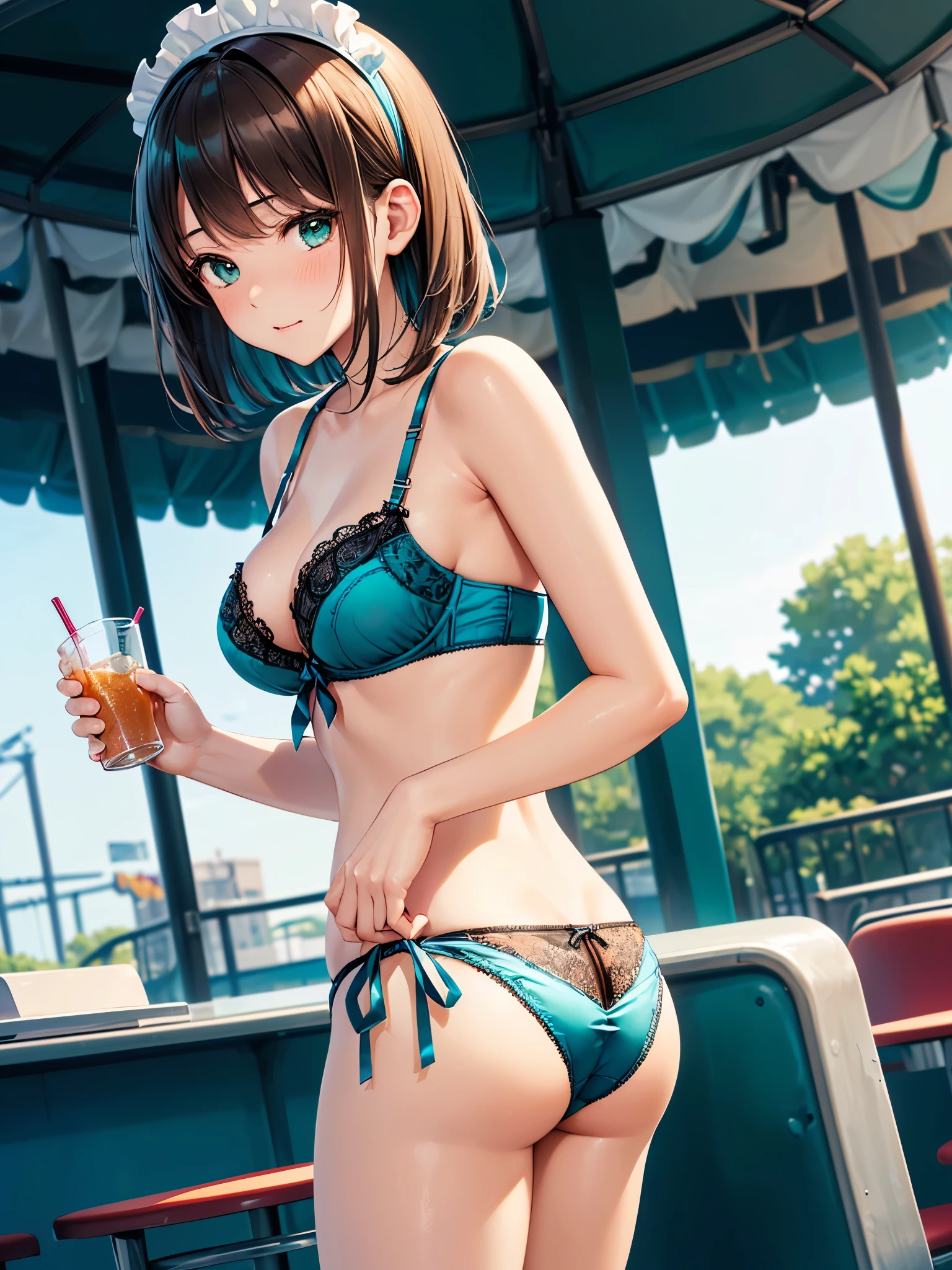 (((masterpiece, highest quality, High resolution, 超High resolution, Perfect Pixel, Depth of written boundary, 4K, RTTX 10.0))), Beautiful Anime Woman, Beautiful art style, Anime characters, ((Smooth texture, Realistic texture, Anime CG Style)), Exact finger count、Exact number of legs、(Exact number of arms:1.0, Exact number of hands:1.0), (Perfect hands, Perfect Anatomy), Cinematic, Realistic, Extremely detailed CG, Daytime lighting, Perfect lighting, Best Shadow, The best natural light, whole body, Perfect body, (Slender body:1.2), ((Long Hair, bangs, Dark brown hair, Stylish hairstyle, Bobcut)), ((1人のcute女性は飲み物を手に持って歩いて運んでいる:1.6)), ((Alone:1.0)), beauty, cute, ((セクシーでcute青緑下着:1.3), (Stylish shiny teal satin panties, Side-tie panties:1.3), (Thin panties:1.3), (Teal micro lace satin bra, Thin bra:1.3):1.3), (Beautiful little ass:1.2), (Beautiful and thin thighs:1.3), Feeling embarrassed, (blush:1.2), (Very embarrassed look:1.4), Troubled expression, (At an outdoor amusement park, There is a Ferris wheel and people having fun behind it.々:1.3), naked, In underwear, Waitress in underwear, Maid Headband, whole body, (Underwear waitress carrying drinks:1), Back view, Angle from the rear