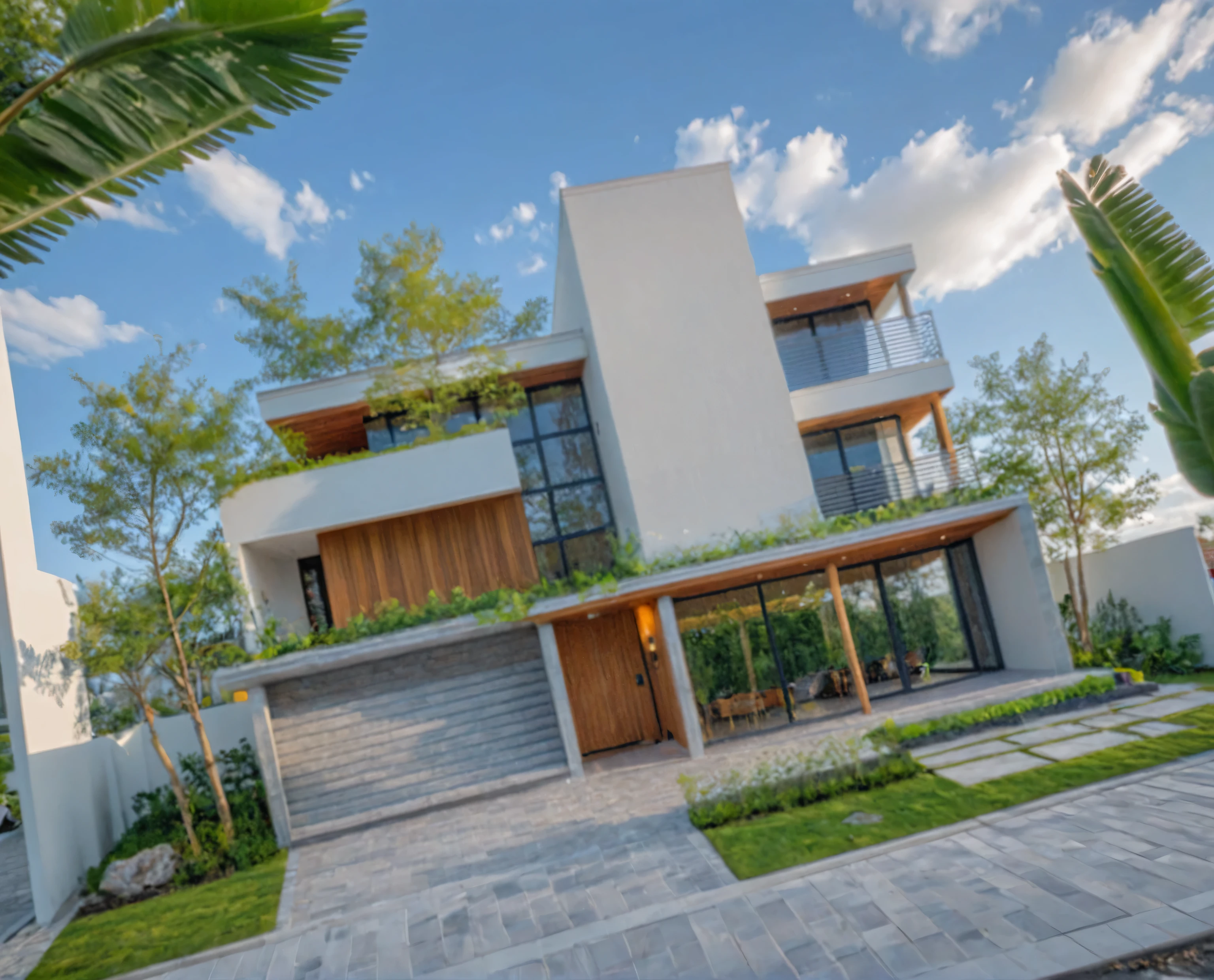 Masterpiece, high quality, best quality, authentic, super detail, outdoors, onestoreyvillaXL, aiaigroup, house style modern on the street ,stairs, white wall ,road,pavement, grass, trees, sky, cloud, (daylight:1.1)
