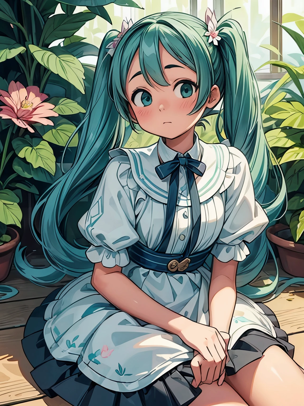 (masterpiece、highest quality、highest quality、Official Art、Beautiful and beautiful:1.2)、(One girl:1.3)Hatsune Miku、Twin tails,Beautiful breasts,Marilyn Monroe, Vintage Style , Ultra-detailed plant l, Line Designer, Digital Ill Station, Thick paint, Maximalist Botany, 美しく審美的に心地よい模範となるmasterpiece, Topaz AI Post-Editing