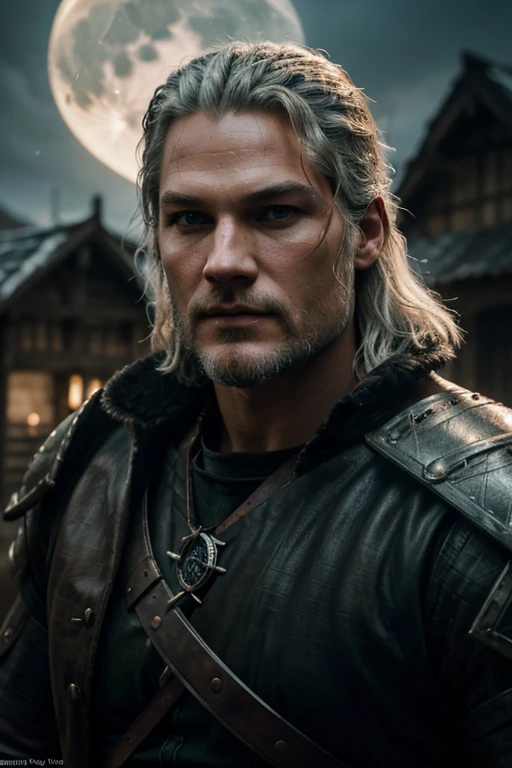 Portrait of actor Travis Fimmel as Geralt of Rivia at night, his face is illuminated by the full moon, he has a beard, model shooting style (extremely detailed CG unity 8k), full frame photography of the most beautiful work of art in the world, medieval witcher armor, professional majestic painting by Greg Rutkowski, trending on ArtStation, trending on CGSociety, intricate, highly detailed, clear focus, dramatic, photorealistic painting by Midjourney