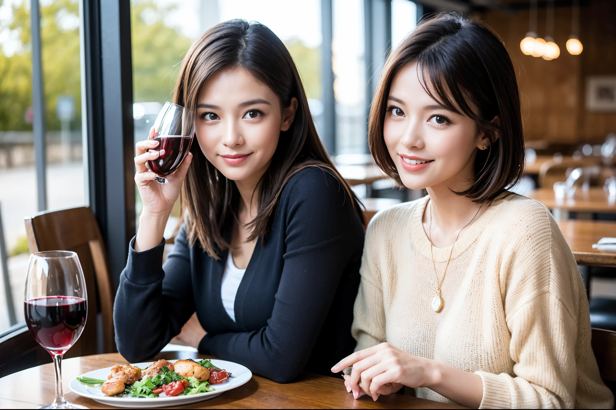 ((highest quality、8k、masterpiece:1.3))、Ray Dan beauty、1 male、1 female、Couple、Spouse、half、The body is slim、((Bob Hale、Straight hair:1.2)), (Realistic, Intricate details:1.2), Wine glass on the table、Shine light on your face、 Amazing view of the sunset sky and clouds、Amazing mountain views、A bright smile、The wonderfulness of smile、Bright image、The beauty of wine, Beautiful Face, blue eyes, The light shines on your face, Blushing, short hair,Bright Face、 (Age 44), 43 years old, red wine 、Appetizers、Italian food、Wine bottle、Champagne、sparkling wine、Two beauties、Brown Hair、Shortcuts、Long sleeve shirt、dress、Pretty Woman 1, (Slim face), (The body is slim), (Brown Hair), (Shortcuts), cheeks turn a little red,Attractive beauty、restaurant, In a prominent place (From the waist up) Nova Frog Style, actress, model, Upper Body, White wine, slim, wine glass, A wine glass placed in the center, smile, (smile: 1.15), Beautiful fine grain, Depth f/2,saturation, High Contrast, Strong light and shadow,Moist Body:1.5、3D texture、Delicate eyes、Brown Hair、The hair is very shiny、
