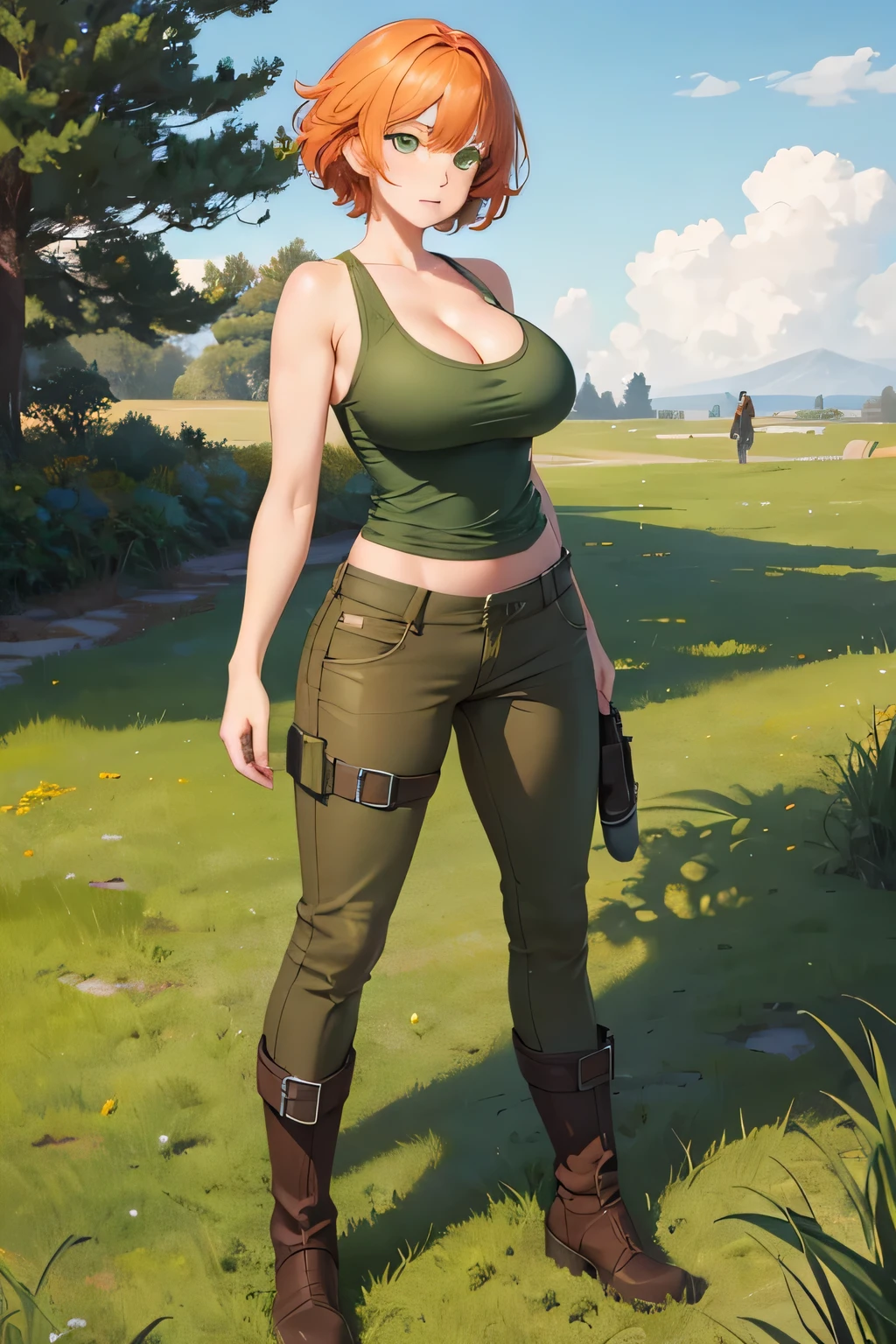 Realistic 30-year-old European woman, full body, walking, seen from below, looking from below, close-up below, brunette skin, slight smile, half-open mouth, thick lips, strong arms, wide hips, medium red hair, shoulder-length hair, spiked, white cap, freckles on the face, brown eyes, looking at camera, slightly rounded nose, sweaty body, beige-colored work overalls, detailed, dirty paint, belt, buckle, with thick and dirty gloves, work gloves, no bra underneath, no bra, large breasts (oppai), heaving breasts, working with construction, wheelbarrow, piles of bricks, stacked sandbags, metal beams, wood cut, stacked, open place, outdoor scenery construction, sunny day, rich in detail, shadows, light, contrast, realistic