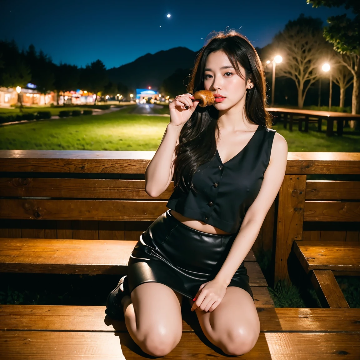 (RAW Photos:1.2), (Realistic:1.4),Beautiful detailed woman,非常にFine grainと顔, Fine grain, Very detailed,High resolution, highest quality,8k wallpaper,masterpiece,highest quality,1 female,alone,rich,(A little chubby:0.9),Toned figure,Photograph the upper body,Narrow waist,(blouse,mini skirt,High heels),Semi-long hair,Serious face,A dignified atmosphere,black eye,Realistic,(Night Park:1.1)、Eating a lot of mushrooms、There are mushrooms on the table、There are lots of mushrooms around