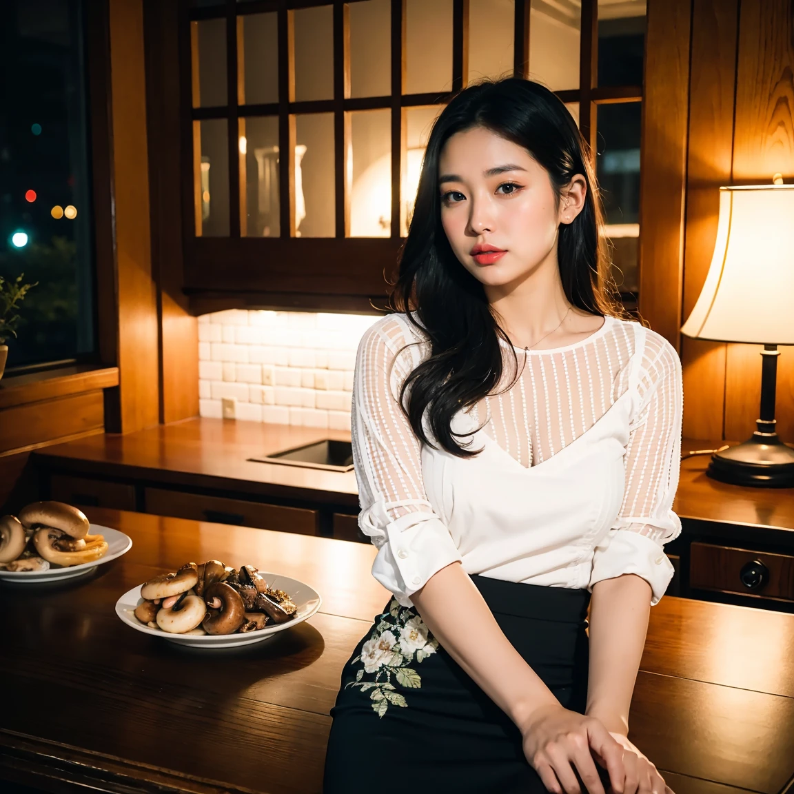 (RAW Photos:1.2), (Realistic:1.4),Beautiful detailed woman,非常にFine grainと顔, Fine grain, Very detailed,High resolution, highest quality,8k wallpaper,masterpiece,highest quality,1 female,alone,rich,（A little chubby:0.9),Toned figure,Photograph the upper body,Narrow waist,（blouse,mini skirt,High heels）,Semi-long hair,Serious face,A dignified atmosphere,black eye,Realistic,(Night Park:1.1)、Eating a lot of mushrooms、There are mushrooms on the table、There are lots of mushrooms around