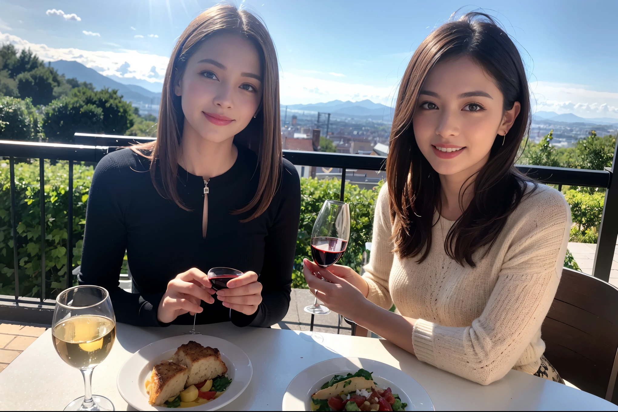 ((highest quality、8k、masterpiece:1.3))、Ray Dan lookalike beauty、1 male、1 female、Couple、Spouse、half、The body is slim、((Bob Hale、Straight hair:1.2)), (Realistic, Intricate details:1.2), Wine glass on the table、Shine light on your face、 Amazing view of the sunset sky and clouds、Amazing mountain views、A bright smile、The wonderfulness of smile、Bright image、The beauty of wine, Beautiful Face, blue eyes, The light shines on your face, Blushing, short hair,Bright Face、 (Age 44), 43 years old, red wine 、Appetizers、Italian food、Wine bottle、Champagne、sparkling wine、Two beauties、Brown Hair、Shortcuts、Long sleeve shirt、dress、Pretty Woman 1, (Slim face), (The body is slim), (Brown Hair), (Shortcuts), cheeks turn a little red,Attractive beauty、restaurant, In a prominent place (From the waist up) Nova Frog Style, actress, model, Upper Body, White wine, slim, wine glass, A wine glass placed in the center, smile, (smile: 1.15), Beautiful fine grain, Depth f/2,saturation, High Contrast, Strong light and shadow,Moist Body:1.5、3D texture、Delicate eyes、Brown Hair、The hair is very shiny、
