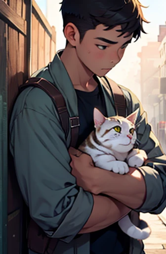 A boy is holding a cat