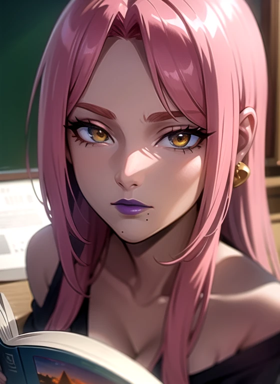 (masterpiece, High resolution, highest quality:1.3), 8k, Very detailed, complicated, colorful, Vivid image, Sharp focus, Digital Blending, 4K, The trend is pixiv Ingrid, ((Hello)), alone, Mature Woman, 40 years old, Mature Woman, Curvy, (Dark Skinned female:1.15), Dark Skin, Pause, classroom, Book, Book on table, Sitting in a chair, Lean on the table, (Thoughtful expression:1.2), View Viewer, ((Close-up shot, Close-up face)), Pink Hair, Very long hair, amount, Hair Intake, Purple Lipstick, compensate, Mole under the mouth, Yellow Eyes, Perfect Eyes, Perfect Face, Ultra detailed hair, Very detailed顔, Earrings, Very detailed唇, Big Breasts, Very detailed唇tick,