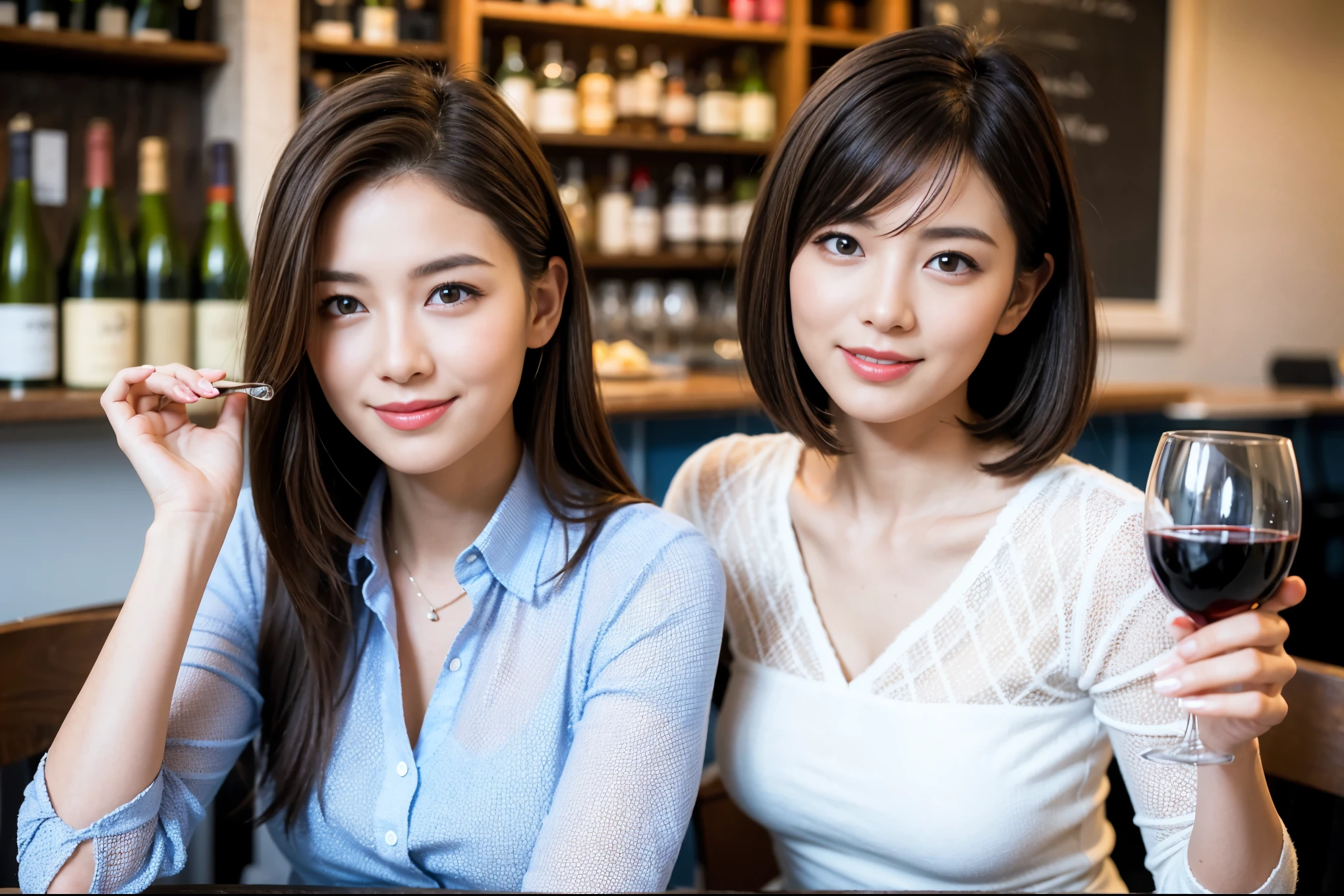 ((highest quality、8k、masterpiece:1.3))、Ray Dan lookalike beauty、1 male、1 female、Couple、Spouse、half、The body is slim、((Bob Hale、Straight hair:1.2)), (Realistic, Intricate details:1.2), Wine glass on the table、Shine light on your face、 Amazing view of the sunset sky and clouds、Amazing mountain views、A bright smile、The wonderfulness of smile、Bright image、The beauty of wine, Beautiful Face, blue eyes, The light shines on your face, Blushing, short hair,Bright Face、 (Age 44), 43 years old, red wine 、Appetizers、Italian food、Wine bottle、Champagne、sparkling wine、Two beauties、Brown Hair、Shortcuts、Long sleeve shirt、dress、Pretty Woman 1, (Slim face), (The body is slim), (Brown Hair), (Shortcuts), cheeks turn a little red,Attractive beauty、restaurant, In a prominent place (From the waist up) Nova Frog Style, actress, model, Upper Body, White wine, slim, wine glass, A wine glass placed in the center, smile, (smile: 1.15), Beautiful fine grain, Depth f/2,saturation, High Contrast, Strong light and shadow,Moist Body:1.5、3D texture、Delicate eyes、Brown Hair、The hair is very shiny、