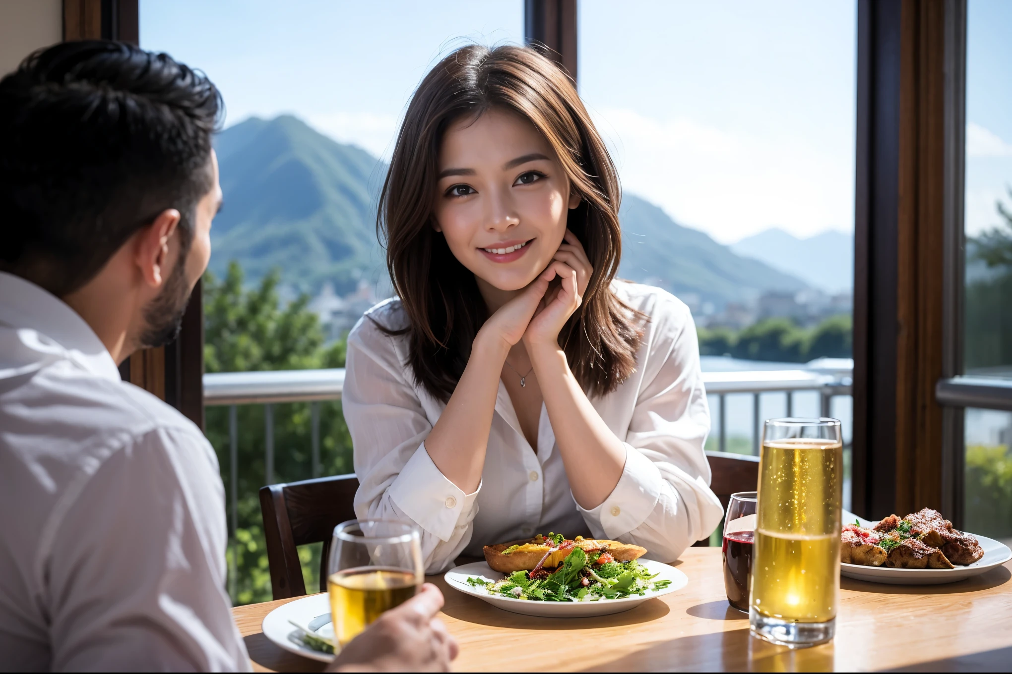 ((highest quality、8k、masterpiece:1.3))、Ray Dan lookalike beauty、1 male、1 female、Couple、Spouse、half、The body is slim、((Bob Hale、Straight hair:1.2)), (Realistic, Intricate details:1.2), Wine glass on the table、Shine light on your face、 Amazing view of the sunset sky and clouds、Amazing mountain views、A bright smile、The wonderfulness of smile、Bright image、The beauty of wine, Beautiful Face, blue eyes, The light shines on your face, Blushing, short hair,Bright Face、 (Age 44), 43 years old, red wine 、Appetizers、Italian food、Wine bottle、Champagne、sparkling wine、Two beauties、Brown Hair、Shortcuts、Long sleeve shirt、dress、Pretty Woman 1, (Slim face), (The body is slim), (Brown Hair), (Shortcuts), cheeks turn a little red,Attractive beauty、restaurant, In a prominent place (From the waist up) Nova Frog Style, actress, model, Upper Body, White wine, slim, wine glass, A wine glass placed in the center, smile, (smile: 1.15), Beautiful fine grain, Depth f/2,saturation, High Contrast, Strong light and shadow,Moist Body:1.5、3D texture、Delicate eyes、Brown Hair、The hair is very shiny、