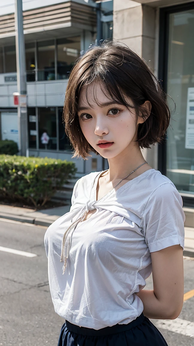 8k, RAW Photos, highest quality, masterpiece:1.2), masterpiece, highest quality, shape, Very detailed, Fine details, High resolution, 8k,wallpaper, Perfect dynamic composition,(High quality with attention to detail, Realistic depiction of eyes:1.3)、Hands tied、A woman tied up、Put your arms around my back, Tie your hands behind your backk, office、Sitting、Outside the window is a building street、 White panties are visible、Micro Mini Skirt、whole body、The whole is facing forward、21talent、beauty、Well-formed face、Even out the eyes、Beautiful black hair、Bangedium Build、Balanced proportions、Big Breasts、Beautiful feet、blue short sleeve blouse、Fresh Face、Beautiful views、View your viewers、