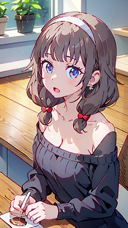 masterpiece, yor, 1girl, Amazing Cleavage:1.3, thin waist, big ass, Raised sexy, medium breast: 1.8 posed cleavage:1.2、solo, looking at viewer, open mouth, have a cup of coffee,black hair, red eyes, dress, bare shoulders, jewelry, collarbone, sidelocks, hairband, earrings, indoors, off shoulder, :o, sweater, arms behind back, plant, short hair with long locks, white hairband, off-shoulder dress, sweater dress, off-shoulder sweater, red sweater, big side hair, very long side hair,is rendered in (masterpiece: 1.2, best quality), with (ultra high resolution) and an exquisite (depth of field). This masterpiece is not only visually stunning but also tells, make of cake cooking ,in the kitchen