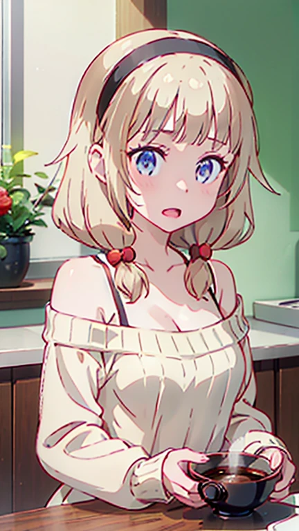 masterpiece, yor, 1girl, Amazing Cleavage:1.3, thin waist, big ass, Raised sexy, medium breast: 1.8 posed cleavage:1.2、solo, looking at viewer, open mouth, have a cup of coffee,black hair, red eyes, dress, bare shoulders, jewelry, collarbone, sidelocks, hairband, earrings, indoors, off shoulder, :o, sweater, arms behind back, plant, short hair with long locks, white hairband, off-shoulder dress, sweater dress, off-shoulder sweater, red sweater, big side hair, very long side hair,is rendered in (masterpiece: 1.2, best quality), with (ultra high resolution) and an exquisite (depth of field). This masterpiece is not only visually stunning but also tells, make of cake cooking ,in the kitchen