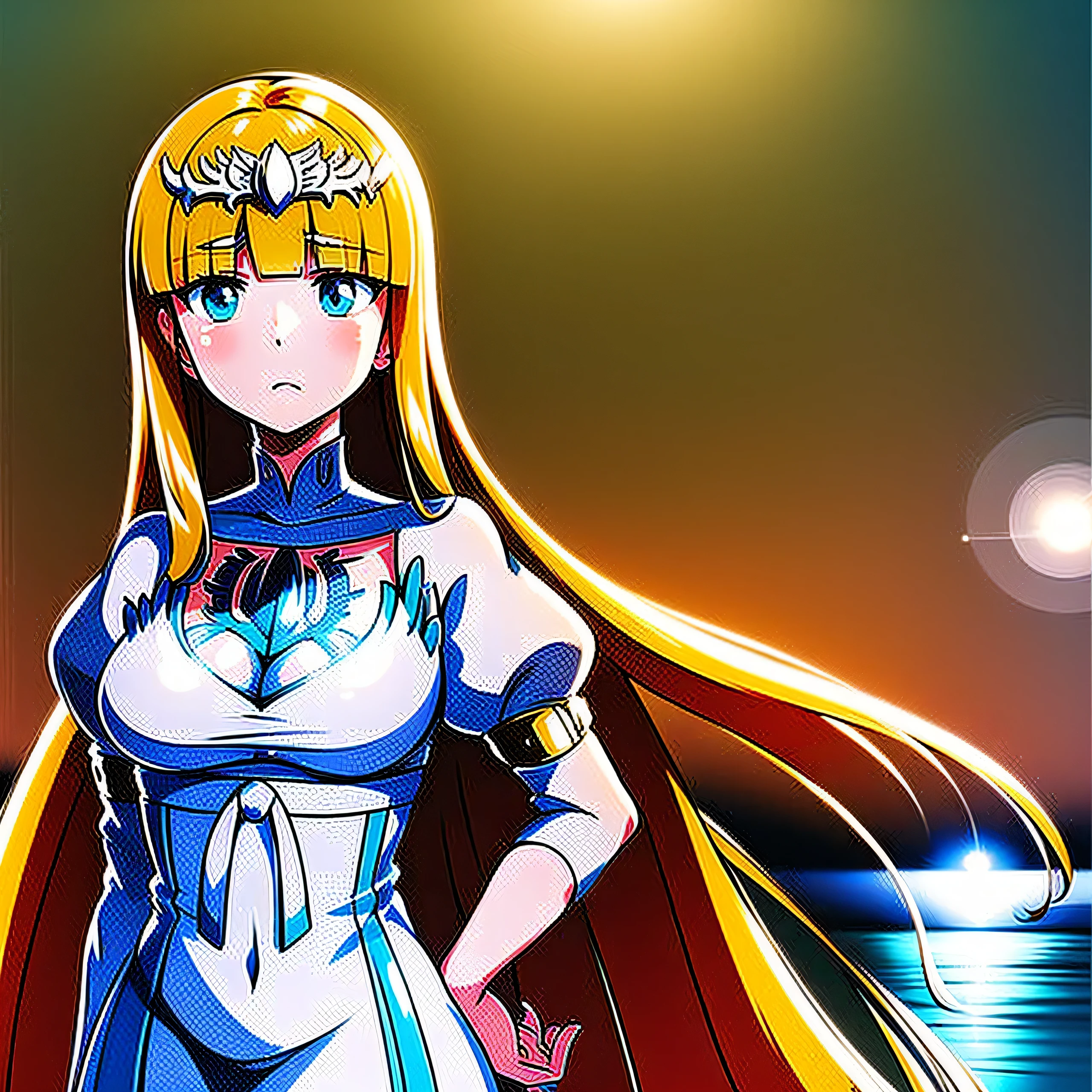 8k, hd, , anime, victorian city, midday, lens flare, stand pose, hands on hip, medium shots, dress, anime adaptation, storyline, 1girl, solo, Calca, Calca Bessarez, blonde hair, (extremely long hair:1.3), very long hair, white tiara, white dress, blue eyes, medium chest, close up, upper body
