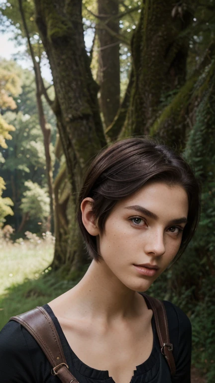 Happy young woman with undercut in fantasy setting. Adventurer and Ranger. Very androgynous looking. In a good mood. Sympathetic. Boy. androgynous. Slim body. Very . Very small breasts. wide hips. thick legs. face: Extremely pale skin with liver spots and freckles.. Soft narrow face with round chin.. Soft little jaw. big forehead. Very thin barely visible eyebrows. Upside down large dark brown eyes. Dark brown eye color. Very long and wide nose. Big curved lips. Very short dark-brown hair. Boyish short haircut. undercut. Sides shaved. Lone Adventurer and Ranger Skintight Black Fantasy Outfit.. Background: green meadow and blue sky.