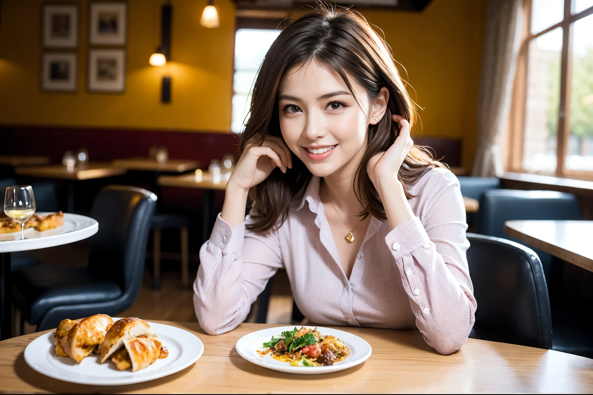 ((highest quality、8k、masterpiece:1.3))、beauty、1 male1 female、Couple、Spouse、half、The body is slim、((Bob Hale、Straight hair:1.2)), (Realistic, Intricate details:1.2), Fullcorse Dinner,Wine glass on the table、Shine light on your face、 Amazing view of the sunset sky and clouds、A bright smile、The wonderfulness of smile、Bright image、The beauty of wine, Beautiful Face, blue eyes, The light shines on your face, Blushing, short hair,Bright Face、 (Age 45), 43 years old, red wine 、Appetizers、Italian food、Wine bottle、Champagne、sparkling wine、Two beauties、Brown Hair、Shortcuts、Long sleeve shirt、dress、Pretty Woman 1, (Slim face), (The body is slim), (Brown Hair), (Shortcuts), cheeks turn a little red,Attractive beauty、restaurant, In a prominent place (From the waist up) Nova Frog Style, actress, model, Upper Body, White wine, slim, wine glass, A wine glass placed in the center, smile, (smile: 1.15), Beautiful fine grain, Depth f/2,saturation, High Contrast, Strong light and shadow,Moist Body:1.5、3D texture、Delicate eyes、Brown Hair、The hair is very shiny、