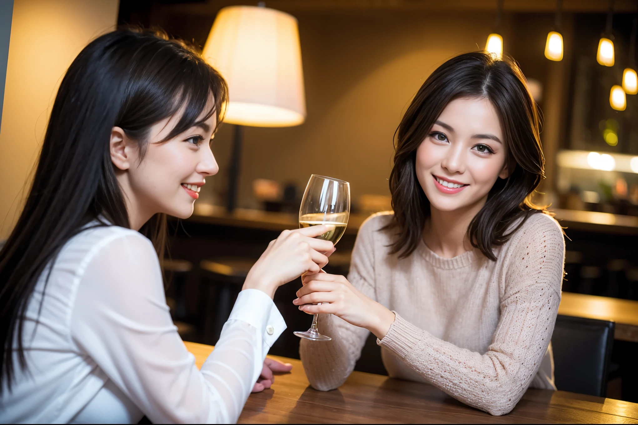 ((highest quality、8k、masterpiece:1.3))、beauty、1 male1 female、Couple、Spouse、half、The body is slim、((Bob Hale、Straight hair:1.2)), (Realistic, Intricate details:1.2), Fullcorse Dinner,Wine glass on the table、Shine light on your face、 Amazing view of the sunset sky and clouds、A bright smile、The wonderfulness of smile、Bright image、The beauty of wine, Beautiful Face, blue eyes, The light shines on your face, Blushing, short hair,Bright Face、 (Age 45), 43 years old, red wine 、Appetizers、Italian food、Wine bottle、Champagne、sparkling wine、Two beauties、Brown Hair、Shortcuts、Long sleeve shirt、dress、Pretty Woman 1, (Slim face), (The body is slim), (Brown Hair), (Shortcuts), cheeks turn a little red,Attractive beauty、restaurant, In a prominent place (From the waist up) Nova Frog Style, actress, model, Upper Body, White wine, slim, wine glass, A wine glass placed in the center, smile, (smile: 1.15), Beautiful fine grain, Depth f/2,saturation, High Contrast, Strong light and shadow,Moist Body:1.5、3D texture、Delicate eyes、Brown Hair、The hair is very shiny、